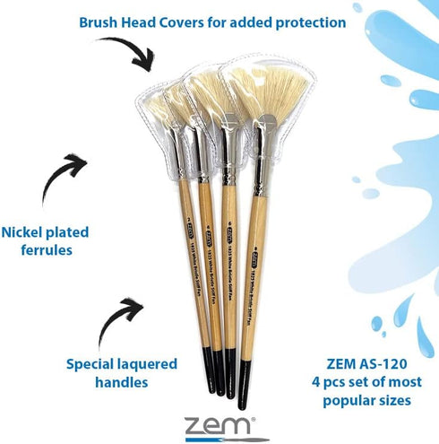 ZEM BRUSH White Hog Bristle Stiff Fan Brush Set Size 2,4,6,8...
