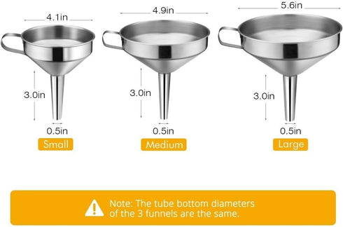 Kitchen Funnel, 3 Piece Stainless Steel Funnels Set with Handle Design and Removable Strainer, Great for Transferring of Liquid, Fluid, Dry Ingred...