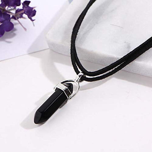 Layered Choker Necklace Crystal Choker Chakra Suede Choker Hexagonal Gemstone Pendant Necklace Bohemia Jewelry for Women(Black)...