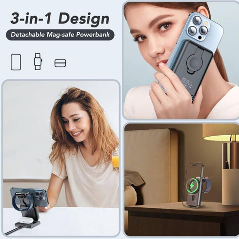 3 in 1 Wireless Charging Station,5000mAh Fast Foldable Portable Charger Battery Pack USB C Power Bank for MagSafe,for iPhone 15 14 13 12 Series/Ap...