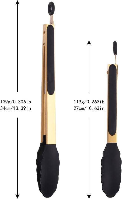 Stainless Steel Classic Kitchen Serving Food Party Gold Tongs 9" and 12" Cooking Tong with BPA Free Silicone Tips, Dishwasher Safe Serving Tools(s...