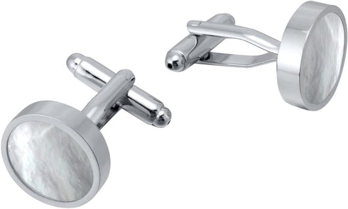 Mother of Pearl Silver Cufflinks for Men in Gift Box Round Handmade Cuff Links for Business Wedding Anniversary French Cuff Shirt...