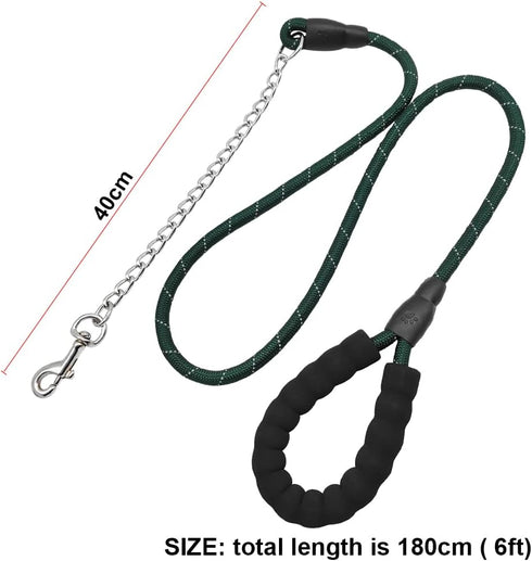 BTINESFUL 6FT Chewproof Dog Leash, Strong Nylon Rope with Anti-Chewing Chain and Padded Handle for Medium Large Dogs Outdoor Training Walking Hiki...