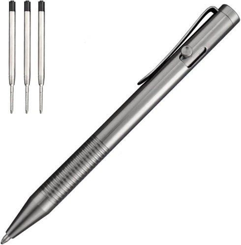 Cool Hand 4.8'' Titanium Alloy Bolt Action Pen, Ballpoint Ink Refillable, Stainless Steel Pocket Clip EDC Business Collection Stylus, with 3 Free ...