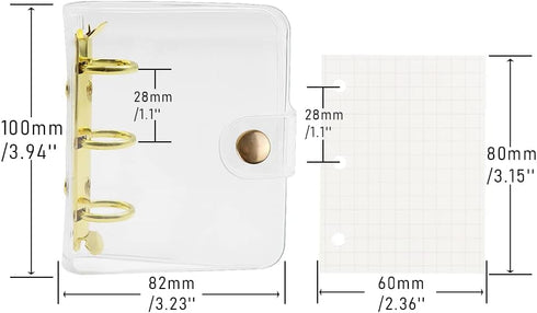 1PC Gold Mini Binder Cover for 3 Ring PVC Loose-Leaf Binder with 80pcs Mini Inner Paper Pockets Clear Soft Notebook Round Ring Binder Protector Sn...