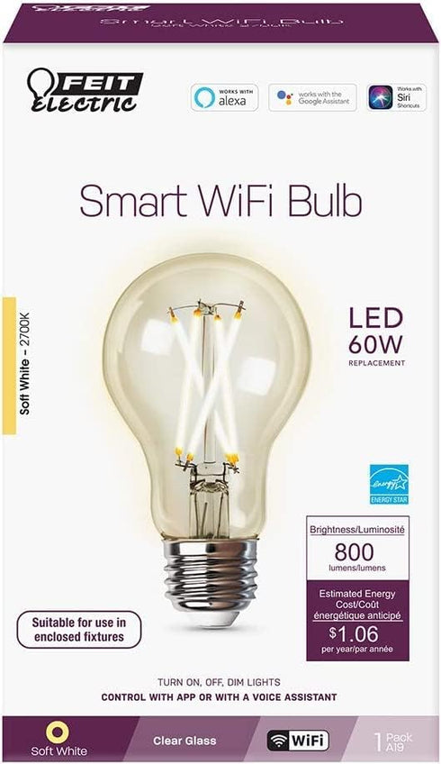 Feit Electric A1960CL/927CA/FIL/AG 60 Watt Equivalent WiFi Dimmable, No Hub Required, Alexa or Google Assistant, Filament A19 LED Smart Light Bulb...