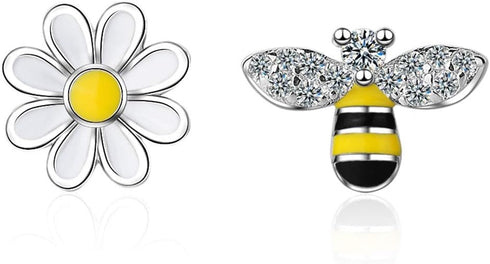 CZ Bee Daisy Flower Asymmetric Sterling Silver Tiny Small Stud Earrings for Women Teen Girls Cartilage Tragus Sensitive Ear Fashion Animal Cute Mi...
