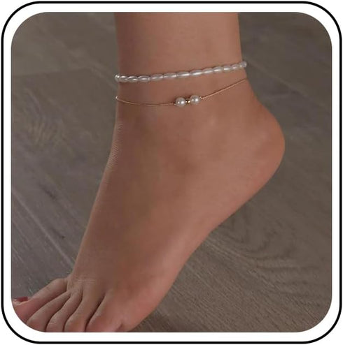 Boho Layered Pearl Ankle Bracelet Gold Baroque Pearl Anklet Bracelet Vintage Pearl Bead Chain Anklet Bracelet Round Pearl Chain Anklet Foot Chain ...