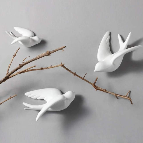 Pair Ceramic Birds Sparrows Swallows Dove White Wall Mounted Decor Hanging for Bathroom Livingroom Garden Wall Sculptures, Small...