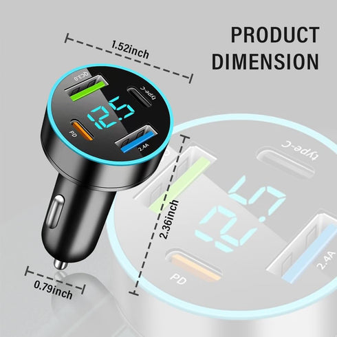 4-in-1 Fast Car Charger,PD/QC3.0/Type C Car Charger Fast Charging,Universal Car Phone Charger Cigarette Lighter USB Charger with Blue LED & Voltme...