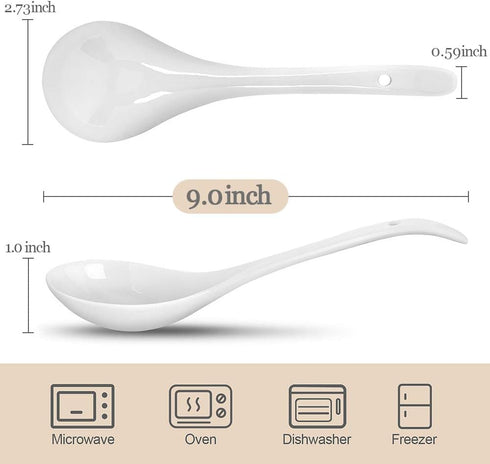 Artena Large Soup Spoons Set Of 4, 9 Inch White Ceramic Serving Asian Soup Spoons for Ramen, Pho, Chinese Long Handle Spoon, Deep Oval Hook Design...