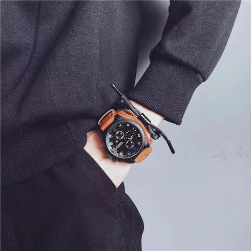 Big Face Round Dial Men Cool Watches Vintage Retro Steampunk Rock Wide Leather Strap Watch Fashion Cuff Sport Watch Quartz Calendar Wristwatch (br...