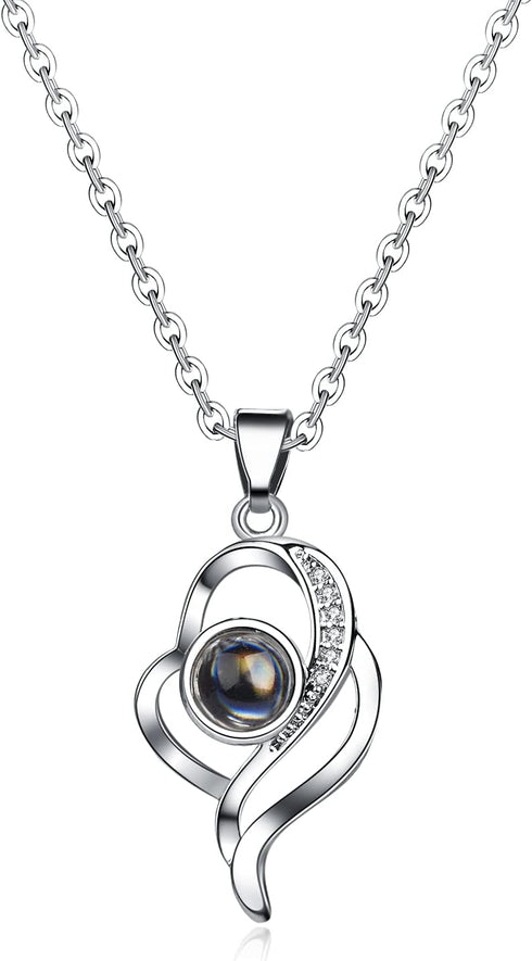 NW 2 pcs Pendants i love you necklace in 100 languages Projection Heart Pendant necklace for women mother with led light heart gift box SLIVER...