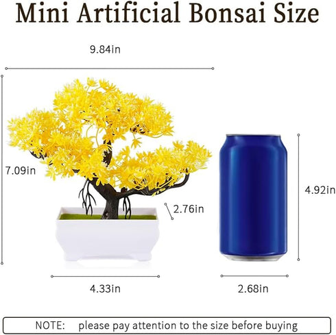Mini Artificial Bonsai Tree Plants with Plastic Cement Pots for Home Office Décor (Yellow)...