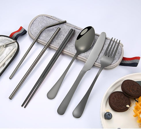 Portable Stainless Steel Flatware Set, Travel Camping Cutlery, Portable Utensil Silverware Dinnerware Set with a Waterproof Case (Black)...