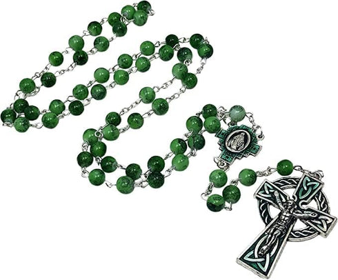 CB Catholic St Patrick Green Glass Marble Bead Rosary Gift Set...