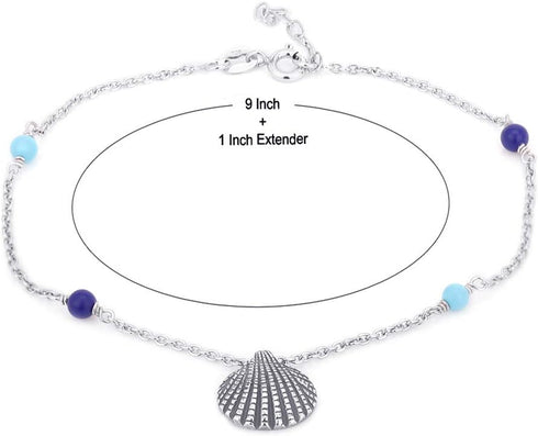 Sterling Silver Jewelry - Rhodium Plated 925 Stamp - Sea Shell Charm and Beads Anklet - Elegant Stylish Beautifully Designed for Women - 9" Long +...