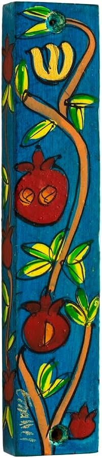 Yair Emanuel Hand-Painted 4.9 Inch Wooden Mezuzah Case with Pomegranate Design - Jewish Home Blessing Judaica Gift...