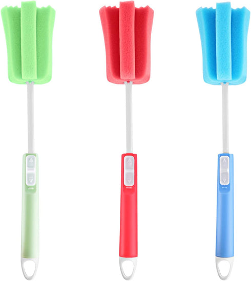 3 Pack Sponge Cleaning Brush Soft Foam Sponges Bottle Scrubber Dishwashing Brushes with Adjustable Long Plastic Handle for Home Kitchen Baby Bottl...