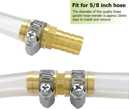 Hooshing 6PCS Hose Repair Kit 5/8 Inch Brass Garden Hose Mender Barb Connector with Stainless Clamps for Water Hose Extending Repairing...