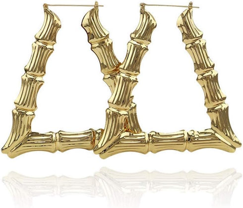 Gold Bamboo Triangle Hollow Hoop Earrings for Women - Big Large Bamboo Hoop Earring (Gold Triangle)...