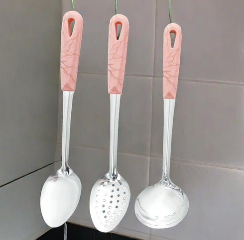 3 Pcs Stainless Steel Serving spoons set Slotted Spoon Serving Spoon Soup Ladle Spoon Cooking Serving Utensils Set Cooking Spoon (Pink)...