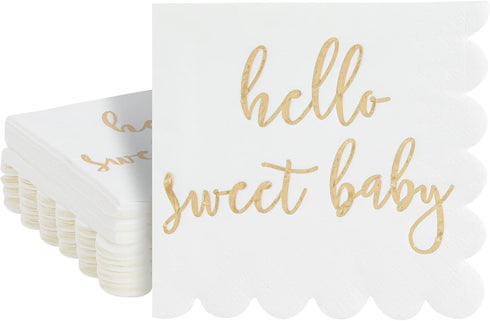 50 Pack 5x5 Inch White Scalloped Napkins with Gold Foil Hello Sweet Baby - Gender Neutral Baby Shower Napkins & Table Decor for Boy Girl Sprinkle ...