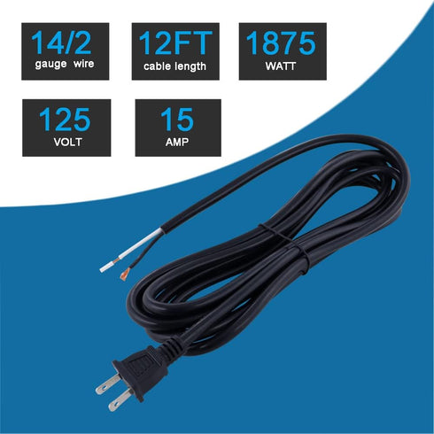 Replacement Power Cord 14 AWG Polarized 2 Prong Plug 12FT Pigtail 14 Gauge SJT 115V AC Cable Round Heavy Duty Repair Power Supply Cord 2C Open End...