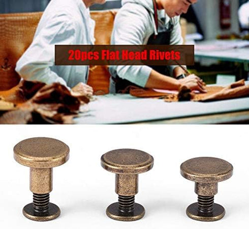 20 Sets Brass Flat Head Button Studs (6.5mm) - Bronze Leathercraft Screw Rivets for Belts, Bags & Shoes - Rotatable DIY Leather Hardware with Nuts...
