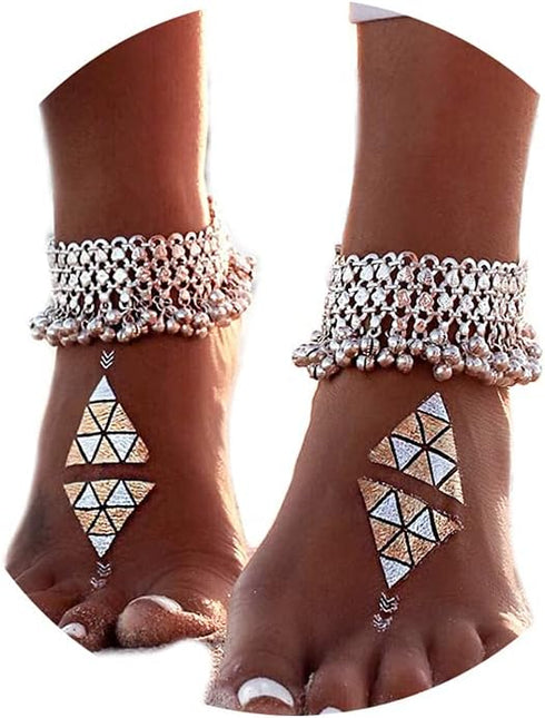 Yokawe Boho Anklets Bracelets Silver Bell Beaded Indian Anklet Chain Tassel Beach Barefoot Sandals Foot Jewelry for Women and Teen Girls?2Pcs?...