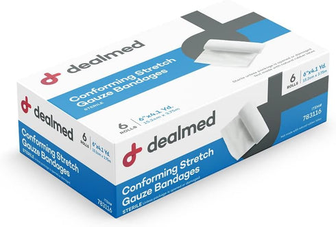 Dealmed 6" Sterile Conforming Stretch Gauze Bandages, 4.1 Yards Latex Free Stretched Dressing Wrap, Medical Non-Adherent Wound Care Mesh Bandages ...