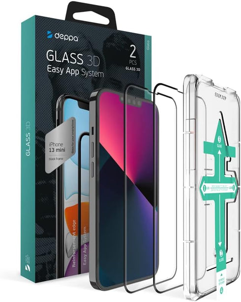 Deppa (2 Pack Premium Screen Protector for Iphone 13 Mini (5.4 Inch) Tempered glass 3D Full Coverage with Easy Installation Kit Tray [ Video Insta...