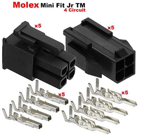 Molex 4-Pin Black Connector Pitch 4.20mm.0165" w/18-24 AWG Pin Mini-Fit Jr ™ (5 Match Set)...