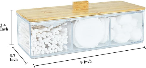 Acrylic Qtip Holder Dispenser with Wood Lid, 3 Compartment Cotton Ball Holder, Bathroom Organizer for Q Tip, Cotton Swab and Cotton Pad Holder, Va...