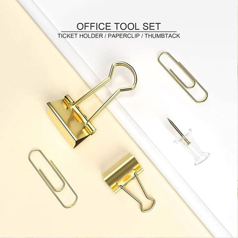 Gold Paper Clips and Binder Clips Set, Metal Assorted Sized Binders with Push Pins, Cute Gold Office Supplies for Desk, Desk Accessories...