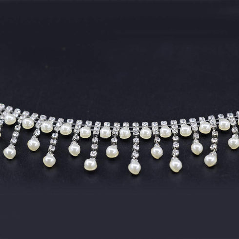 Jerler 1 Yard Crystal Rhinestone Trim Chain, Inlaid Pearl Beaded for DIY Decoration and Bridal Embellishments, Ideal for Wedding Party (Long Tasse...