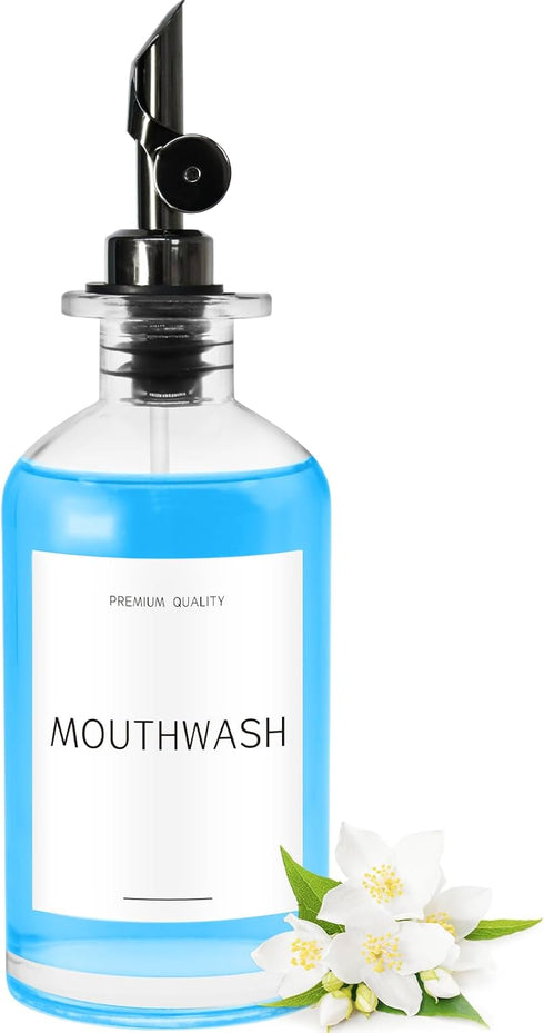 Mouthwash Dispenser for Bathroom, Clear Glass Mouth Wash Container with Stainless Steel Pour Spout, Refillable Mouthwash Bottle with Waterproof La...
