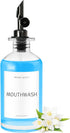 Mouthwash Dispenser for Bathroom, Clear Glass Mouth Wash Container with Stainless Steel Pour Spout, Refillable Mouthwash Bottle with Waterproof La...