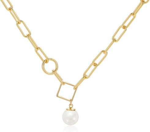 Mesovor Single Pearl Pendant Necklace for Women, 16K Gold Plated Paperclip Chain Necklace...