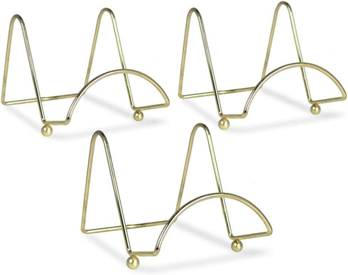 BANBERRY DESIGNS Brass Wire Easel Display Stand Plate Holders - Smooth Metal Footed - 4 Inch - Set of 3 Pcs - Ideal for Small Books, Pictures, Car...