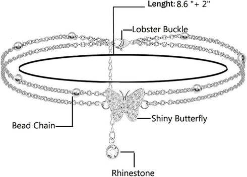 Butterfly Anklets For Women Silver Rhinestone Decor Bead Chain Cute Dainty Trendy Adjustable Layered Butterfly Anklet Bracelet Foot Chain Jewelry ...