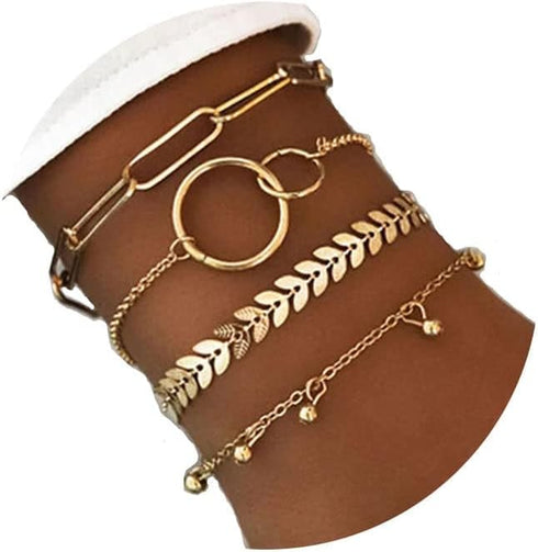 Boho Stackable Circle Bracelet Set Gold Fish Bone Layered Beaded Paperclip Link Bracelet Chain Jewelry for Women(4PCS)...