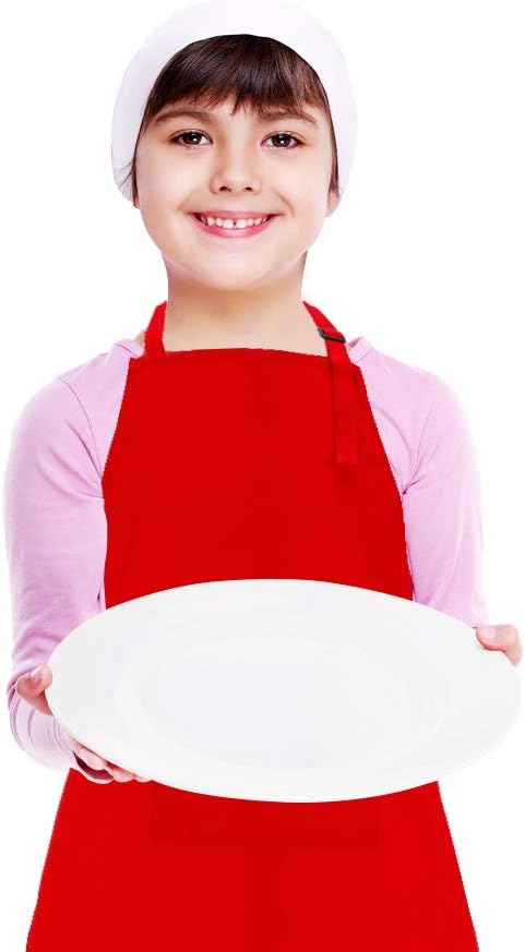 Kids Apron and Chef Hat Set, Adjustable Cotton Child Aprons with Large Pocket Red Girls Boys Kitchen Bib Aprons for Cooking Baking Painting...