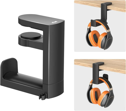 KIWIFOTOS Headphone Stand Holder Under Desk, PC Gaming Headset Hook Hanger Mount with 360 Adjustable Rotating Arm Clamp & Built in Cable Clip - Bl...