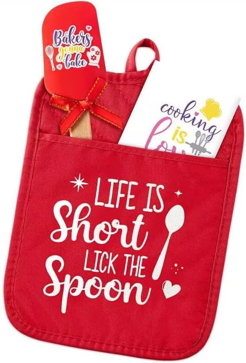 Baking Gift Pot Holder Set - R HORSE 3Pcs Red Baking Pot Holder with Silicone Spatula Greeting Card Heat Resistant Oven Mitts Kitchen Baking Gift ...