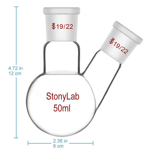 StonyLab Glass 50ml Heavy Wall 2 Neck Round Bottom Flask RBF, with 19/22 Center and Side Standard Taper Outer Joint - 50mL...