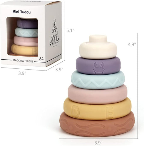 Mini Tudou Stacking & Nesting Circle Toy,6 Pcs Soft Building Rings Stacker & Teethers,Squeeze Play with Early Educational Learning Stacking Tower,...