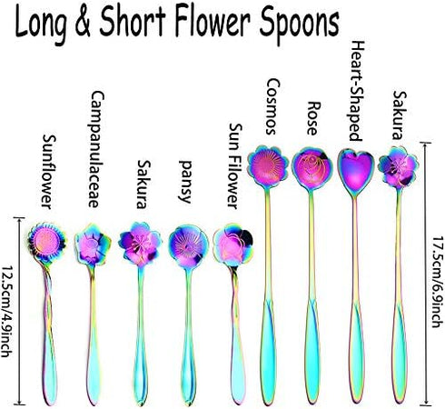 Flower Spoon Coffee Teaspoon Set, PBIEHSR Stainless Steel Tea Spoon Two Different Lengths Dessert Spoon for Stirring Drink Mixing Milkshake Jam, S...