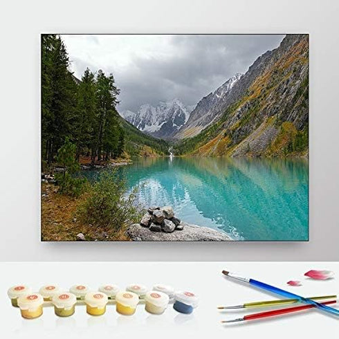 Paint by Numbers for Adults, DIY Drawing Paintwork with 4 Paintbrushes and Acrylic Paints, 16”x20” Rolled Canvas Gift Decor, Mountain Lake Landsca...