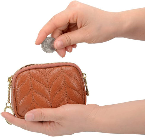 Small Coin Purse For Women Leather Change Pouch Wallet Double Zipper Card Holder with Key Chain...